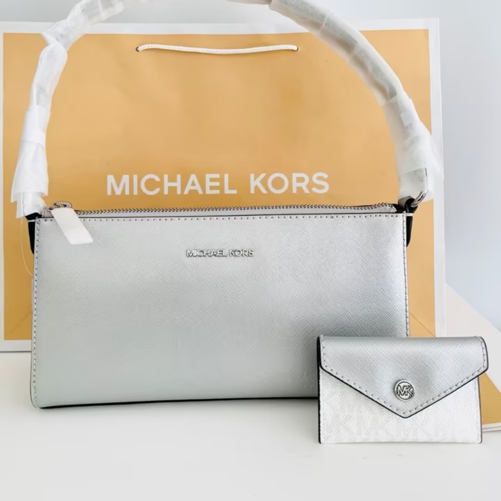 NWT Michael Kors Metallic Silver Vegan Leather Bag with Mini Wallet Attached
